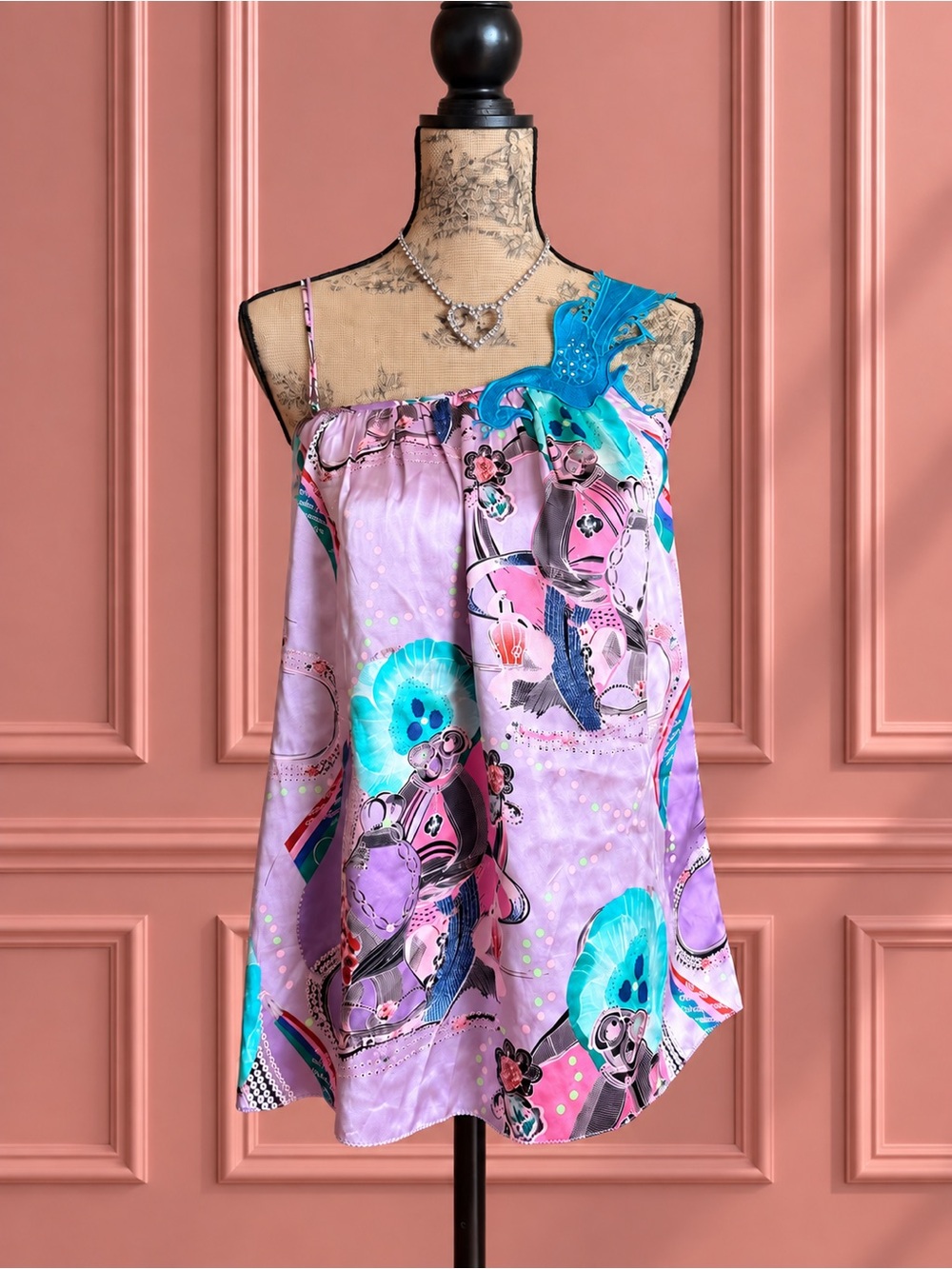 Custo Barcelona Silk Purple Floral Print One-Shoulder Tank Top